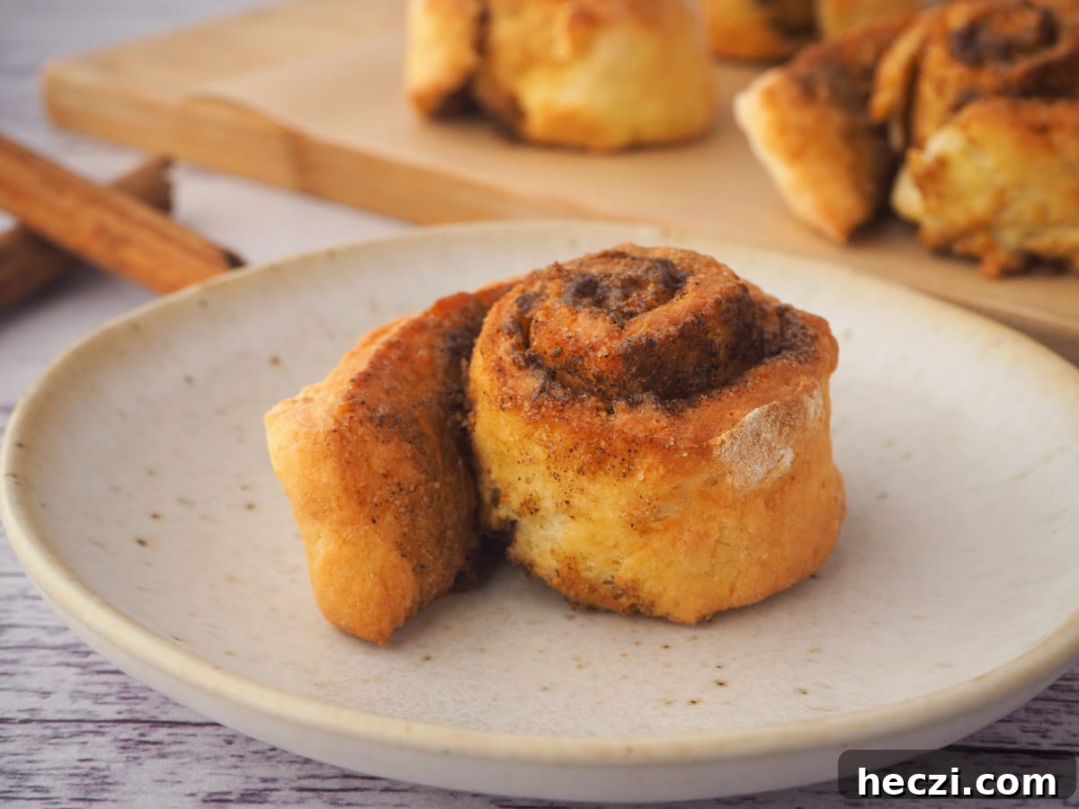 Air Fryer Cinnamon Rolls: Quick, Fluffy Homemade Recipe 18 Un glazed cinnamon roll on a plate, with rolls in the backgroun.