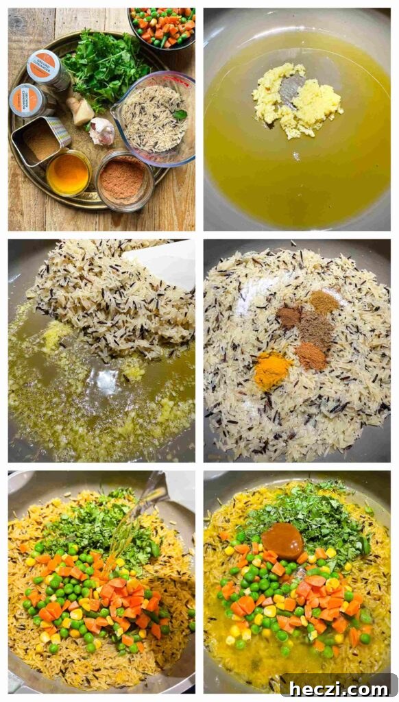 Basmati and Wild Rice Pilaf with Roasted Vegetables 4 Prcoess shots of pilaf ingredients being prepped and cooked din a pan