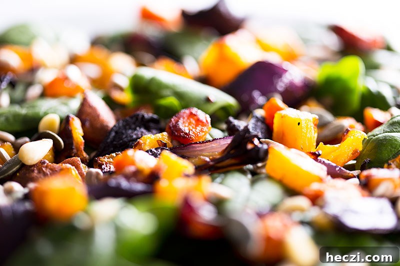 Charred roasted roots & spinach hot winter salad