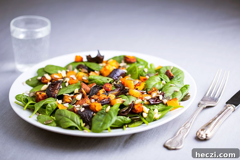 Charred roasted roots & spinach hot winter salad