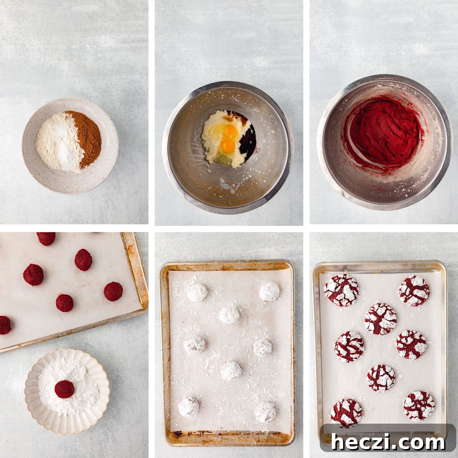 Red Velvet Crinkle Cookies: Soft, Fudgy Holiday Recipe 4 Pink raspberry cookies baking process, raw dough, powder sugar, and finished cookies with cracked pattern.
