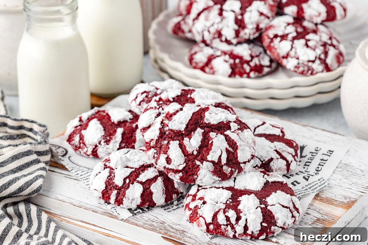 Red Velvet Crinkle Cookies: Soft, Fudgy Holiday Recipe 6 Crimson crinkle cookies with powdered sugar on rustic white wooden board.