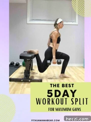 Woman with back foot elevated on bench holding dumbbells.