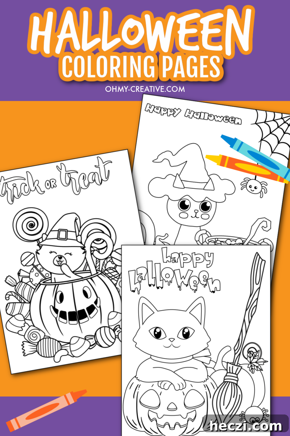 Printable Halloween Coloring Pages & Worksheets for Kids 3 A pinterest collage of Halloween coloring pictures for kids