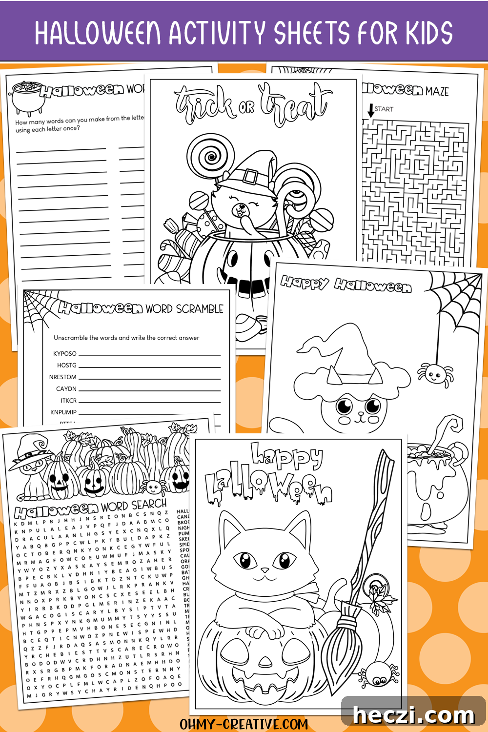 Printable Halloween Coloring Pages & Worksheets for Kids 4 A pinterest collage of Halloween coloring pictures and worksheets for kids