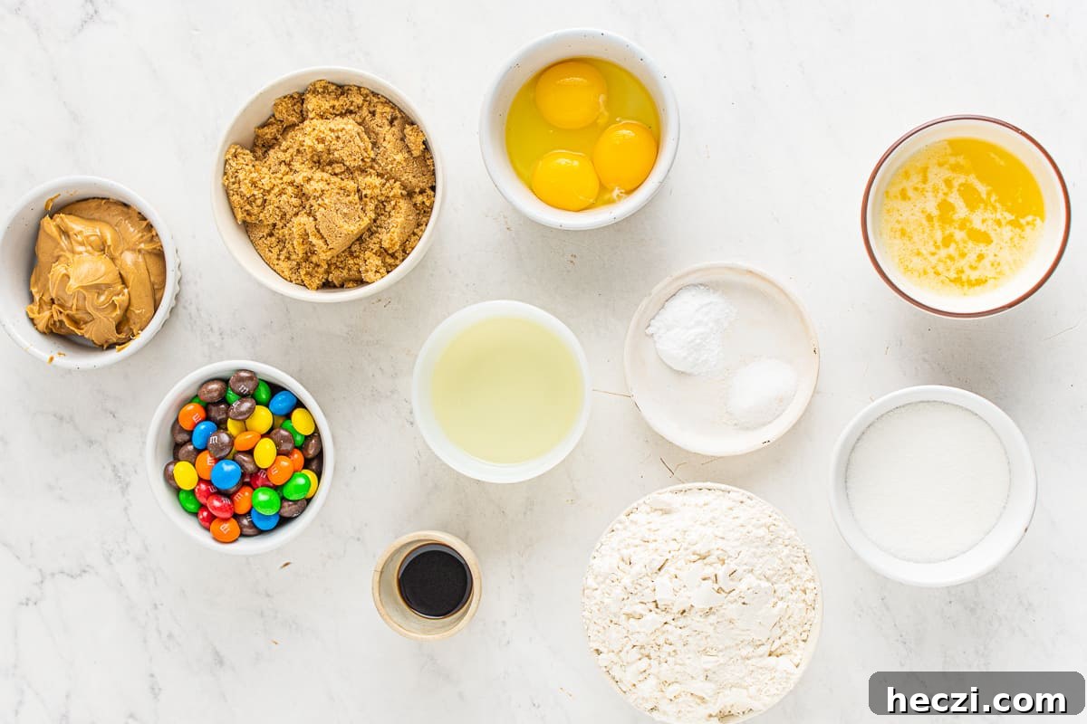 Ingredients for peanut butter M&M blondies.