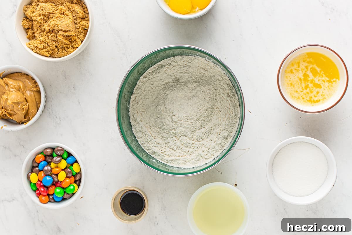Blondie ingredients circling a bowl of dry ingredients.