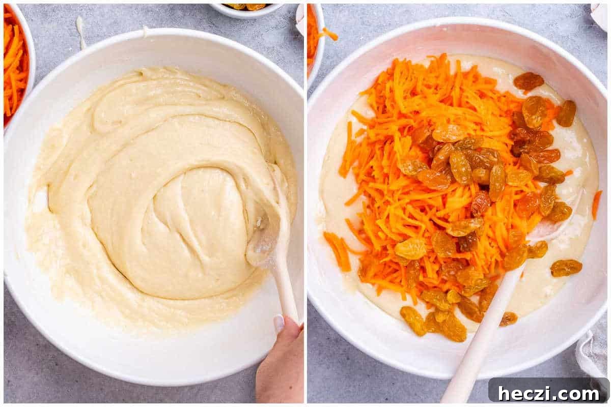 Extra-Moist Carrot Cake Loaf Recipe Packed with Flavor 5 process shot for adding the shredded carrots and raisins to the batter and mixing.