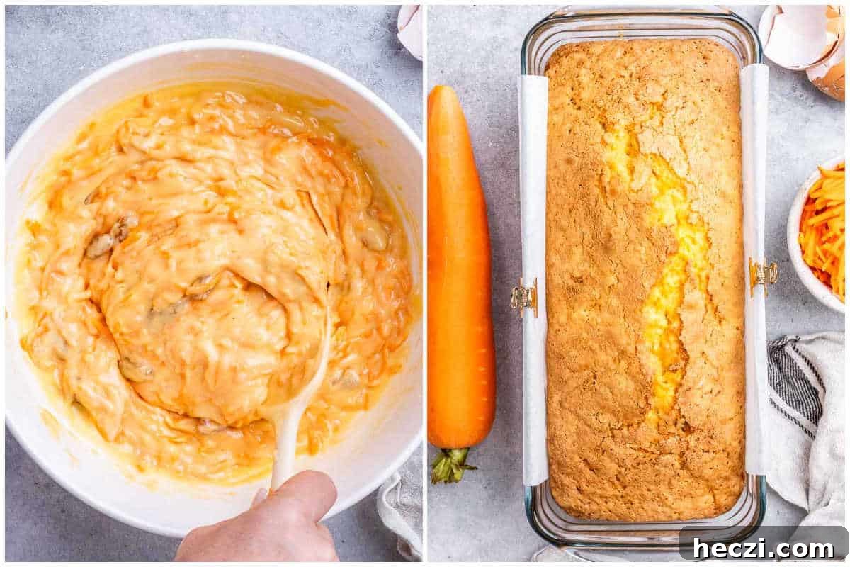 Extra-Moist Carrot Cake Loaf Recipe Packed with Flavor 6 process shot of baked loaf in a pan and sliced carrot loaf on a cutting board for cooling.