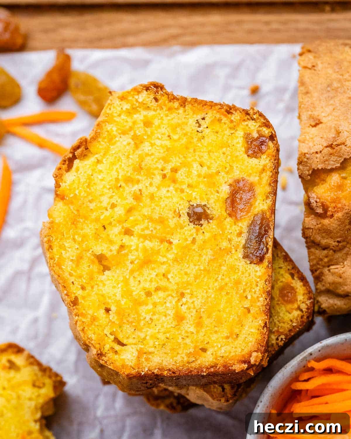 Extra-Moist Carrot Cake Loaf Recipe Packed with Flavor 7 Close-up of sliced carrot cake loaf stacked together, showcasing its golden color and moist interior.