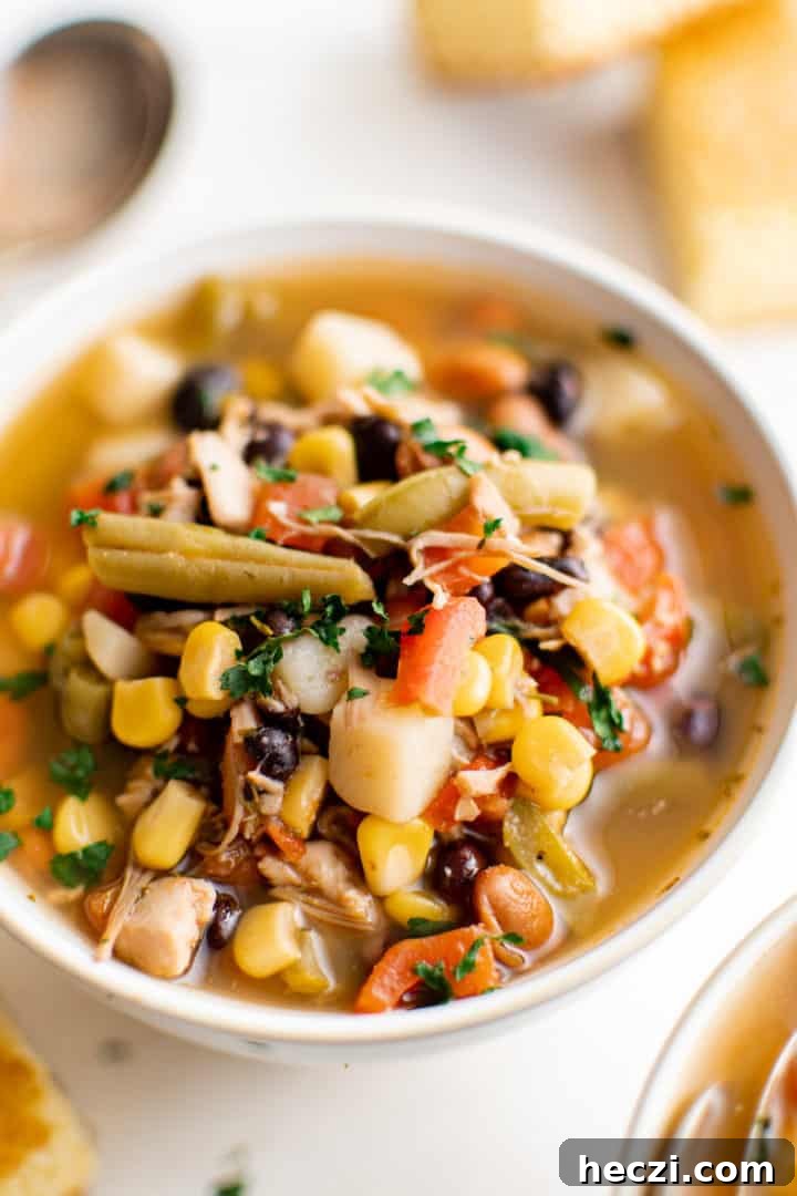 Close up view of a bowl of 7 can soup.