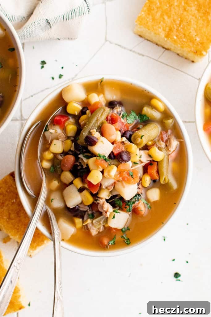 Top down view of soup in a dish.