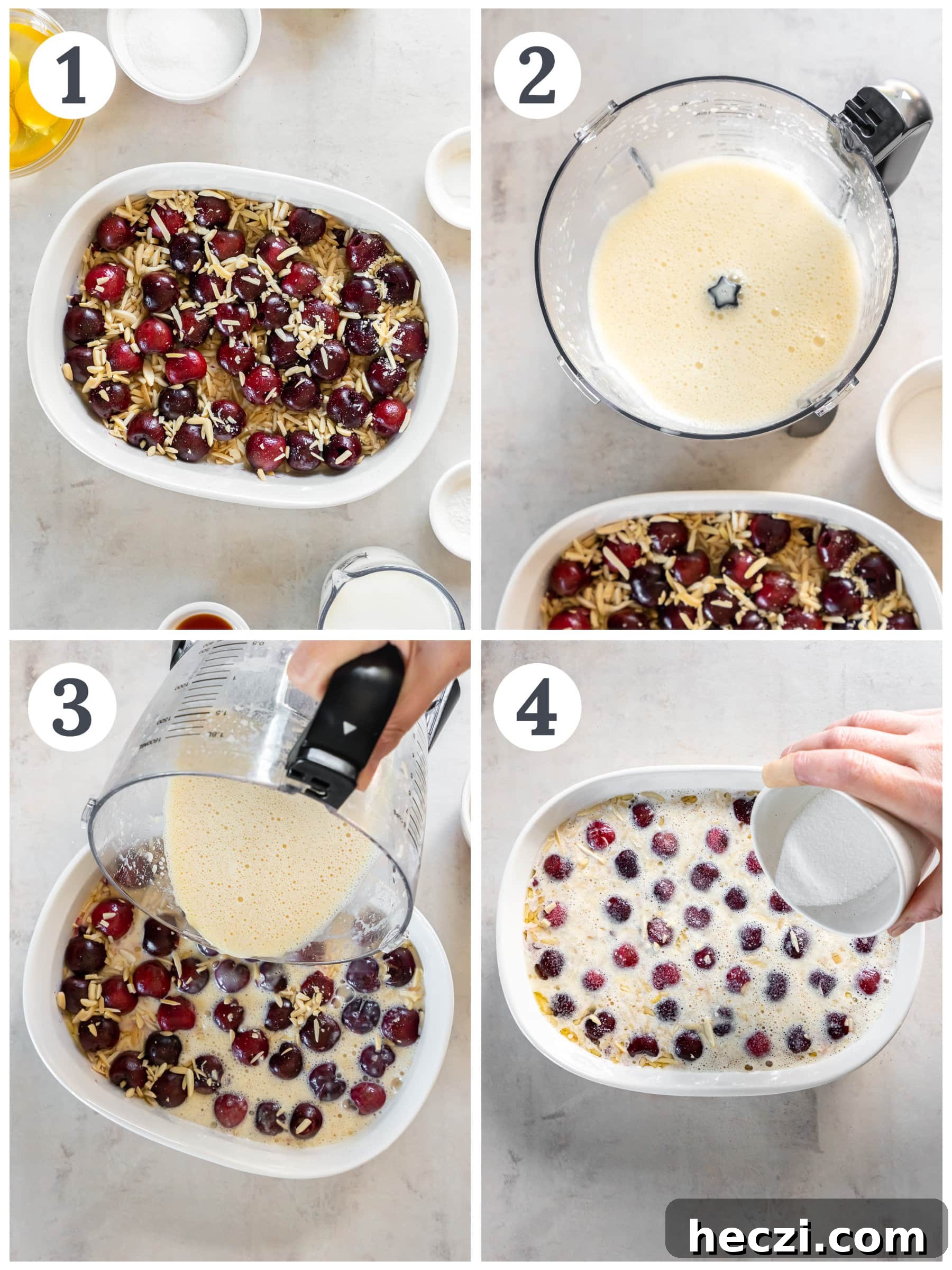 photo collage demonstrating how to make cherry clafoutis.