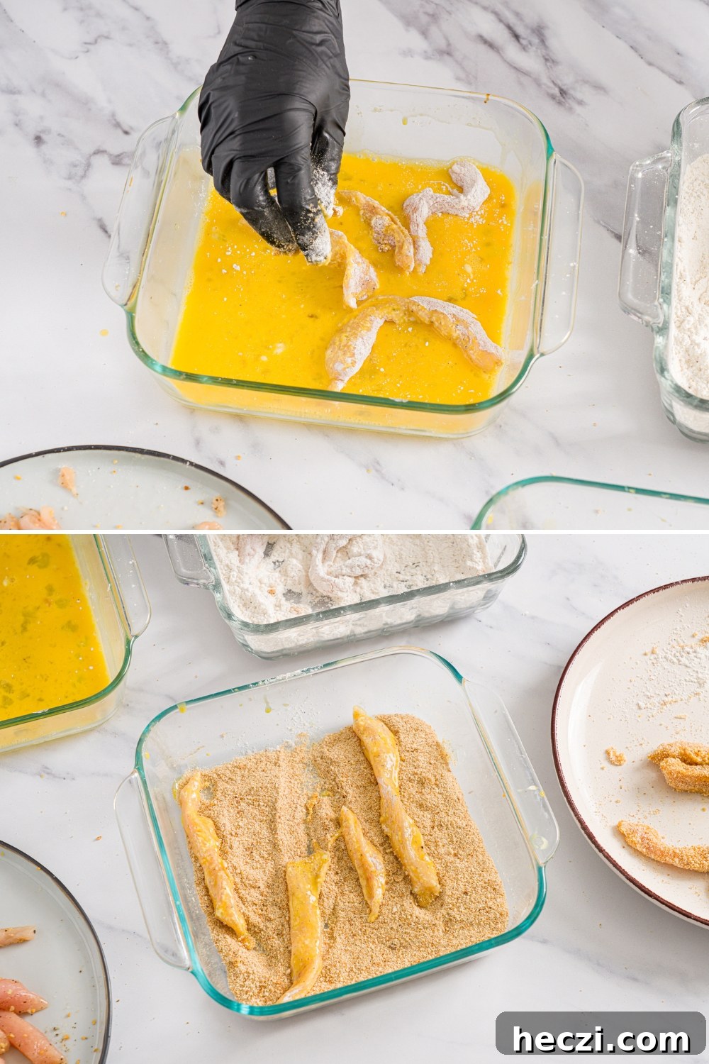 Two photos of a breading station for chicken fries. The first photo shows a glass baking dish with an egg mixture and several floured chicken fries being dipped in the egg. The second photo shows the egg-dipped fries being dipped in a glass baking dish with breadcrumbs.