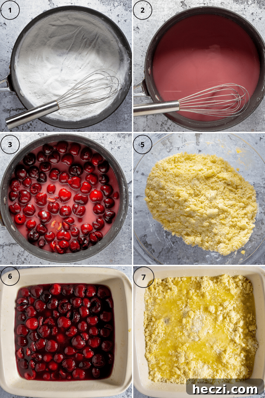 the steps for making cherry cobbler, from cooking the cherries wine sugar and cornstarch in a saucepan to making the cobbler topping and assembling it in a 8 by 8 baking dish.