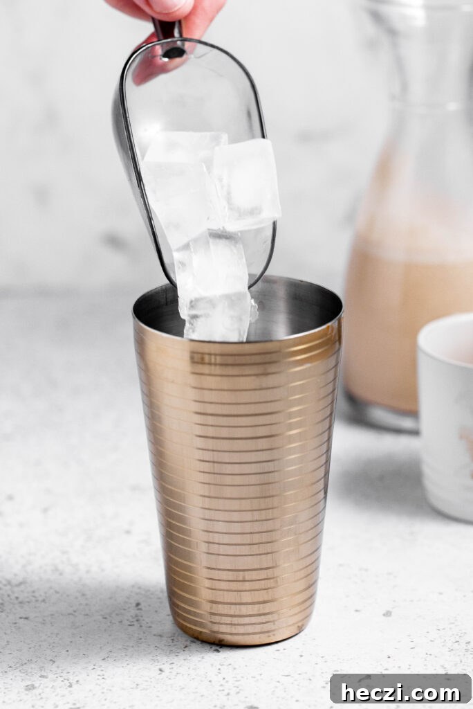 Ice being added to cocktail shaker. 